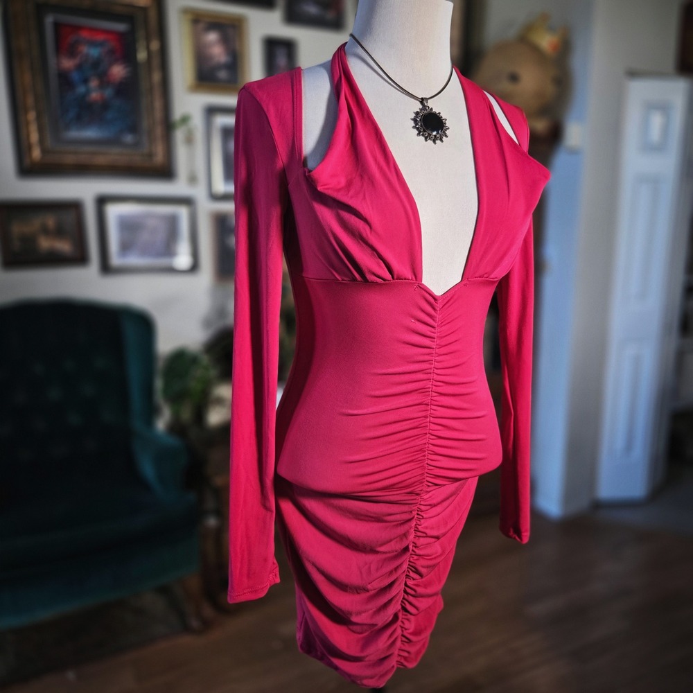 Just Polly Bodycon Mini Dress Pink Plunge Deep V Neck Long Sleeve NWT M